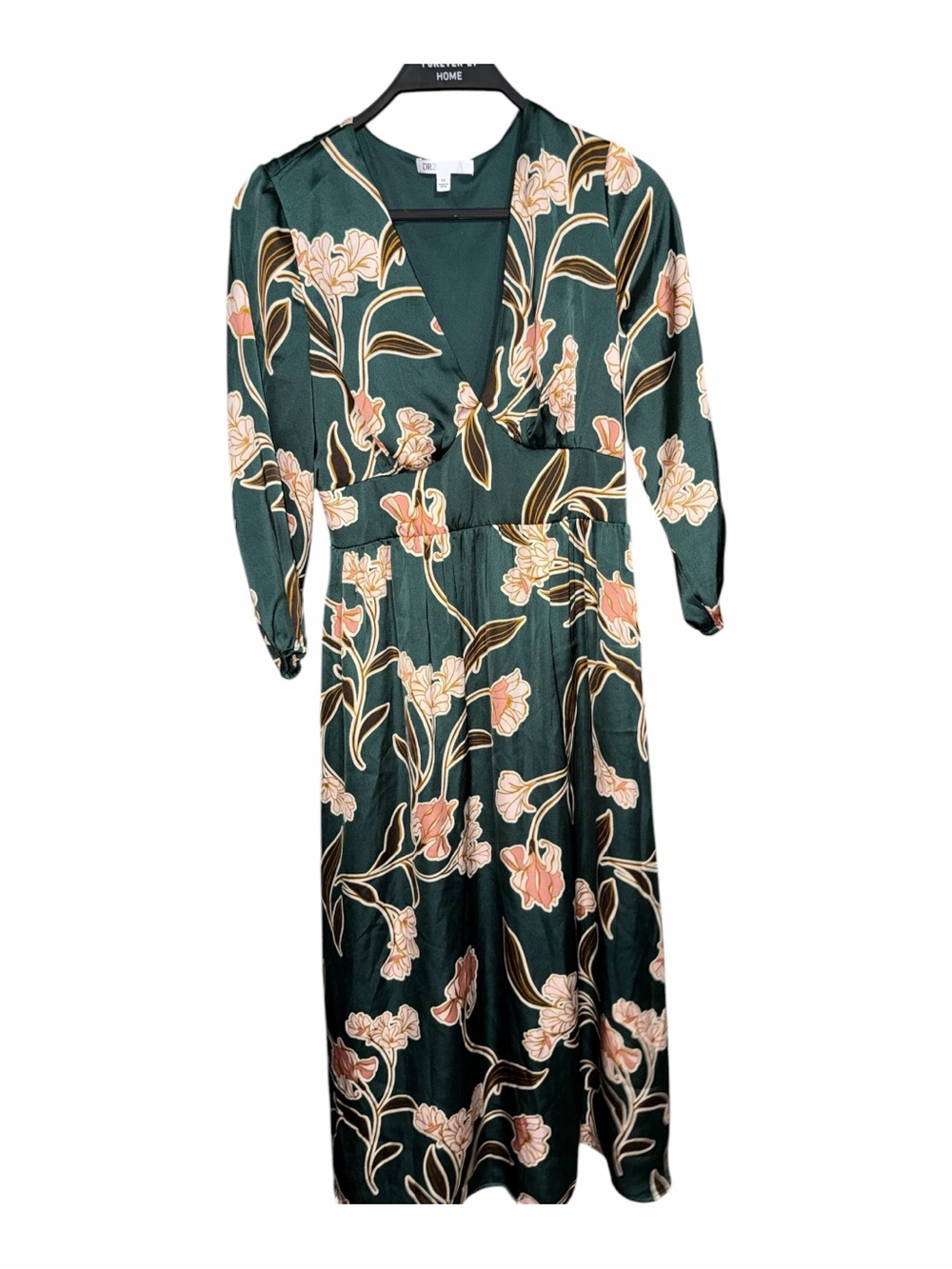 DR2 Green Floral V-Neck Long Sleeve Midi Dress